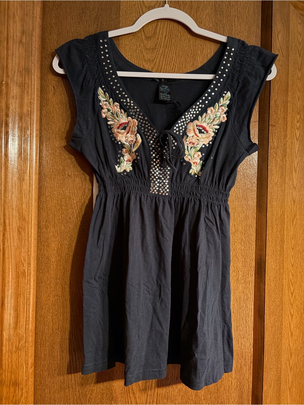 Y2K vintage forever21 Embroidered Navy Boho Tunic with Stud Detail